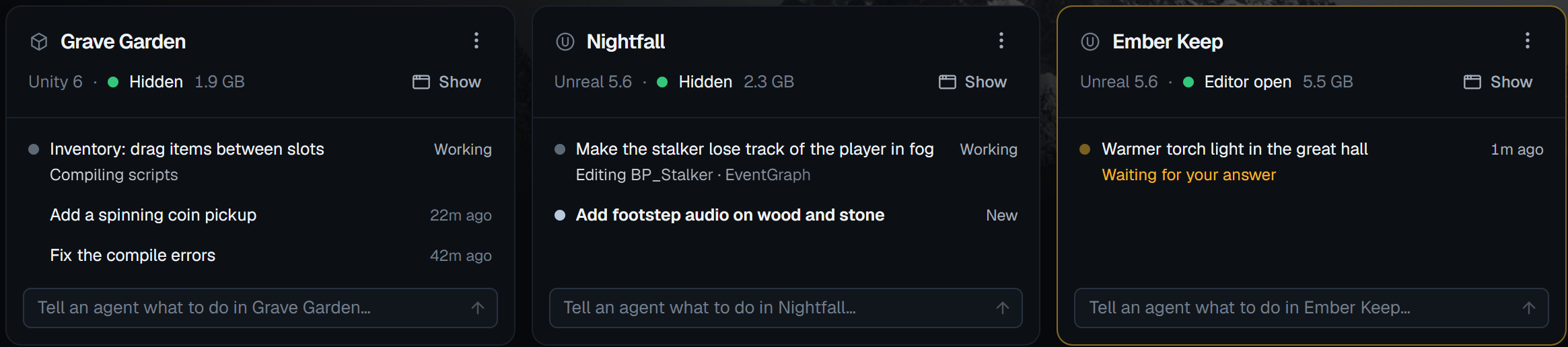 Project cards: Grave Garden and Nightfall running with agents working, Ember Keep waiting for an answer (demo data)
