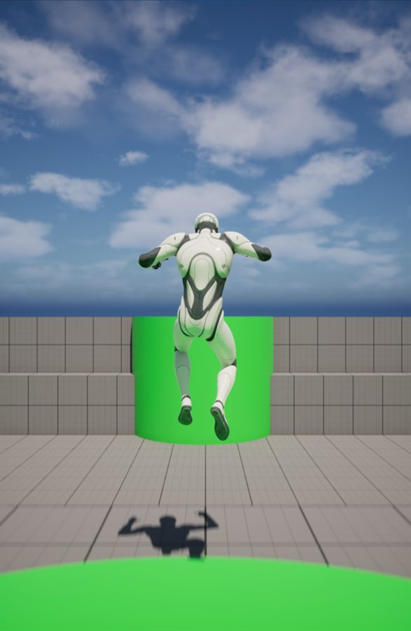 The Manny sample character mid-jump during a playtest
