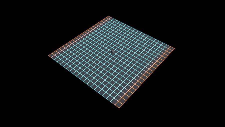A plane with an animated cyan grid material and a moving orange emissive band